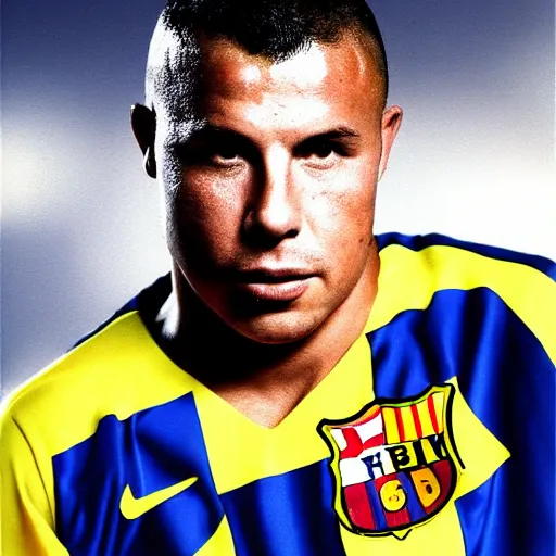 Prompt: real ronaldo fenomeno fc barcelona close up portrait by by mark mann, year 1 9 9 5