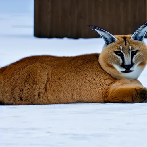 Prompt: photo still of drunk sleepy fat caracal, lying on ice, big stomach, sunny winter day