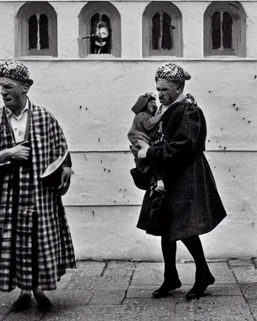 Prompt: Award winning reportage photo of Welsh Natives wearing traditional garb by Garry Winogrand and Dian Arbus, 85mm ND 5, perfect lighting, gelatin silver process