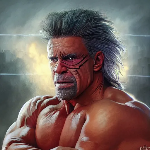 Image similar to The ultimate warrior, WWF, American Wresting, Royal Rumble, cinematic lighting, highly detailed, digital painting, concept art, smooth, sharp focus, illustration, art by Artgerm and Greg Rutkowski