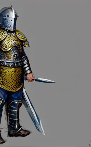 Image similar to highly detailed concept art of a rugged young knight with blonde hair and blue eyes and a short beard wearing a blue shirt over chain mail and steel pauldrons and a yellow cape and leather boots holding a shield and a warpick, concept art by Greg Rutkowski, realistic, masterpiece, ArtStation