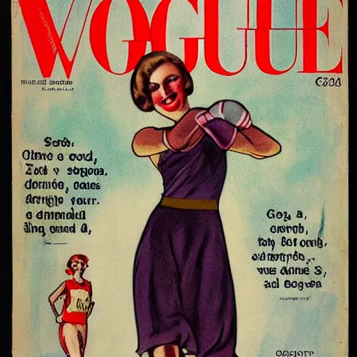 Image similar to a 1 9 2 8 cover of vogue. happy, healthy, beautiful, smiling, young, sporty, glowing greta garbo in decent athletic wear. realistic detailed color drawing