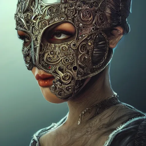 Image similar to Very very very very highly detailed epic photo of face with venetian mask, intricate, dystopian, sci-fi, extremely detailed, digital painting, artstation, concept art, smooth, sharp focus, illustration, intimidating lighting, incredible art by Artgerm