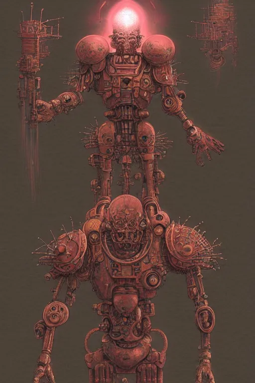 Prompt: hybrid of a chicken and a tech priest, cybernetic enhancements attached to his body, praise the omnissaiah, zdzislaw beksinski, lewis jones, mattias adolfsson, warhammer 4 0 k!!, cold hue's, warm tone gradient background, concept art, digital painting