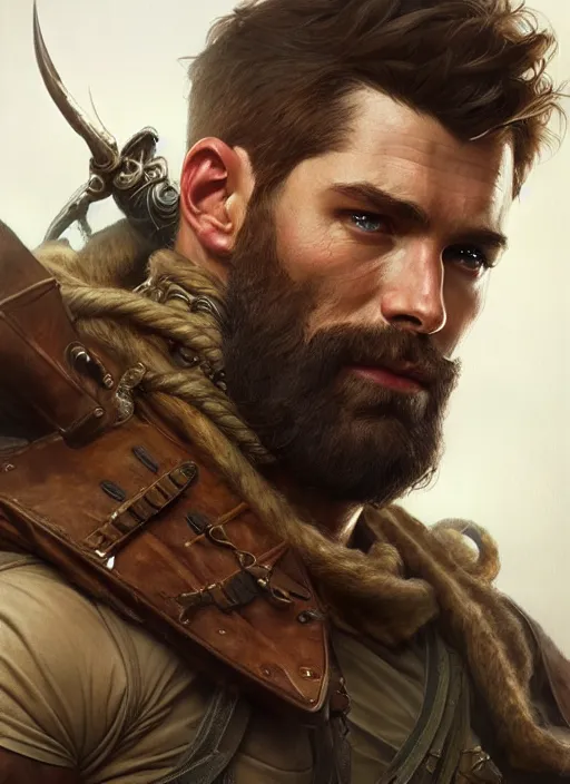 Image similar to Portrait of rugged male ranger, D&D, muscular, fantasy, intricate, elegant, highly detailed, digital painting, artstation, concept art, smooth, sharp focus, illustration, art by artgerm and greg rutkowski and alphonse mucha