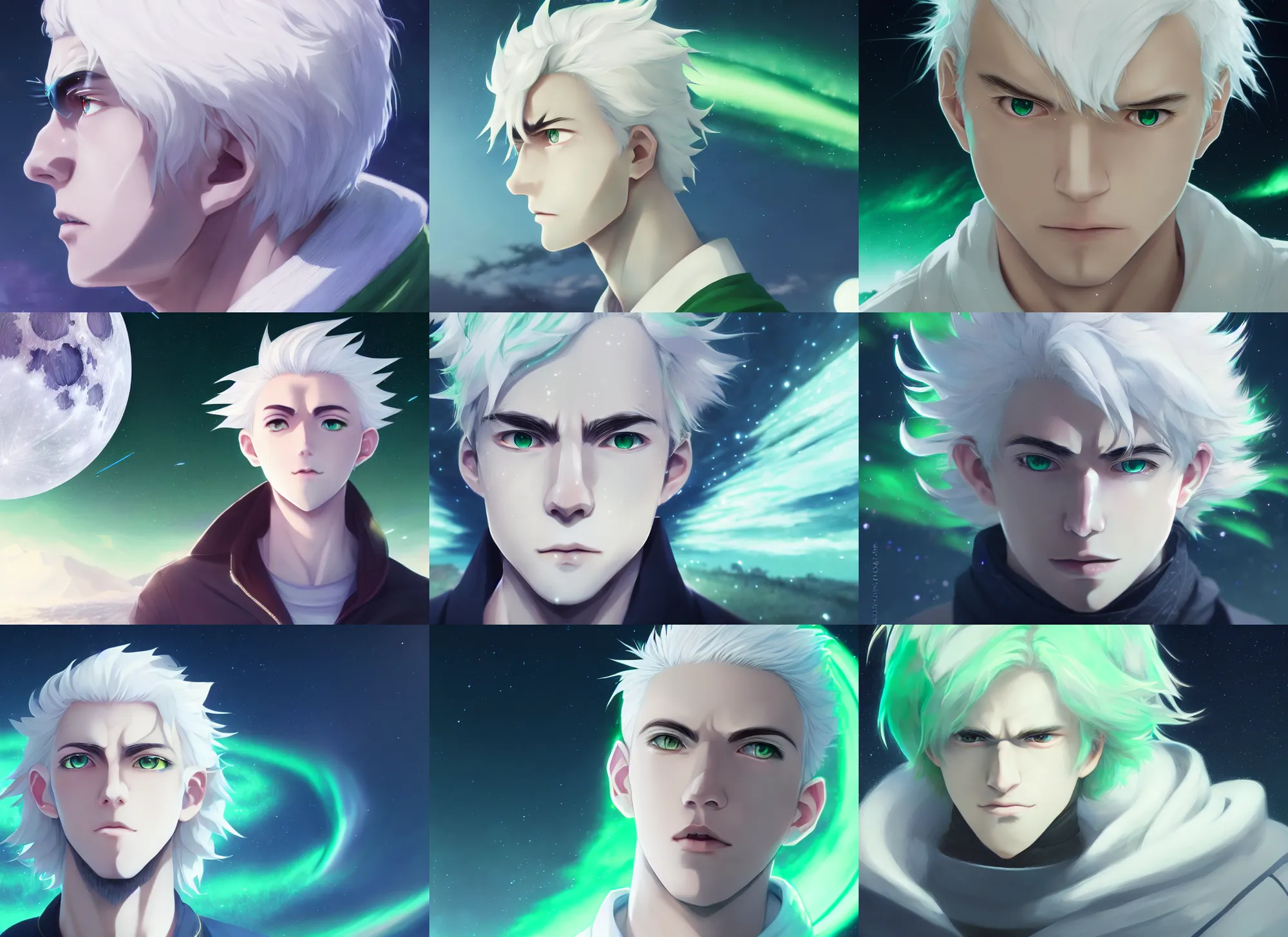 Prompt: white haired young guy with wide green eyes on the moon, aurora, stunning anime face portrait, high symmetry, close look, octane engine, makoto shinkai, genshin impact, art, hyper detailed, close shot, light blur