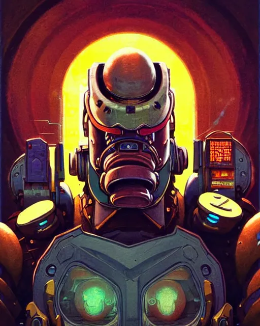 Image similar to doomfist from overwatch, character portrait, portrait, close up, concept art, intricate details, highly detailed, vintage sci - fi poster, retro future, vintage sci - fi art, in the style of chris foss, rodger dean, moebius, michael whelan, and gustave dore