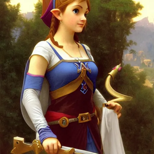 Prompt: a screnshot of princess Zelda Zelda Zelda from ocarina of time looking over her shoulder by William-Adolphe Bouguereau