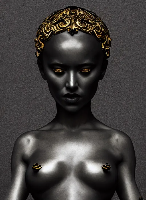 Image similar to a statue made of a gorgeous devil woman, made of black marble with gold veins, perfect symmetrical face, no eyes, hyper realistic, hyper detailed, fujicolor superia photo, by johannen voss, by peter kemp, by monia merlo, by michelangelo, octane render, blender, 8 k