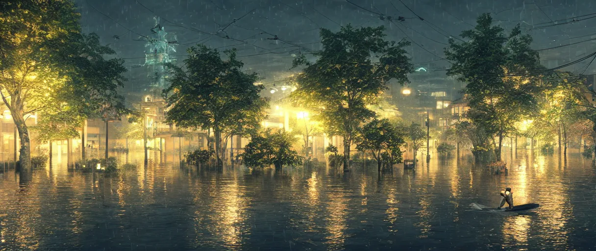 Image similar to carriership landing on raining night at flooded miniature city, emotion is on the rise on the town, cute style garden, octane render, trees, evergreen, patio, garden, wet atmosphere, tender, soft light misty yoshitaka amano, and artgerm, pixel art