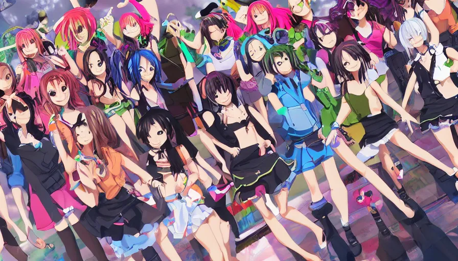 Image similar to group of cute anime characters jumping, colorful outfits, short miniskirts, lightly dressed, ultra detailed digital art, hyper real, detailed, group photo, ultra detailed, ground up angle