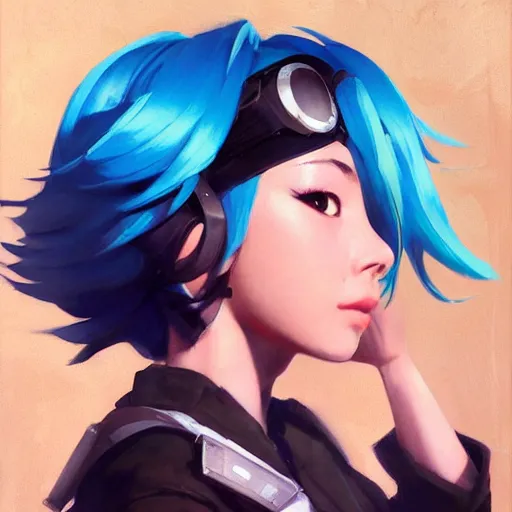 Image similar to greg manchess portrait painting of asada shino sinon as overwatch character, turquoise hair, medium shot, asymmetrical, profile picture, organic painting, sunny day, matte painting, bold shapes, hard edges, street art, trending on artstation, by huang guangjian and gil elvgren and sachin teng