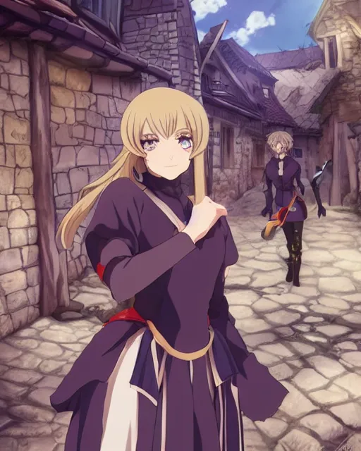 Image similar to key anime visual portrait of a young female walking through a medieval village, perfect anime face, dynamic pose, dynamic perspective, detailed silhouette, detailed, intricate