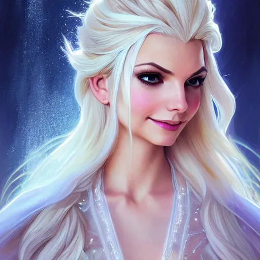 Image similar to Blonde Victoria Justice as Elsa from Frozen, western, D&D, fantasy, intricate, elegant, highly detailed, digital painting, artstation, concept art, matte, sharp focus, illustration, art by Artgerm and Greg Rutkowski and Alphonse Mucha