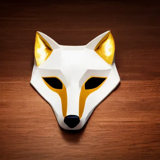 Image similar to a realistic photo of a beautiful white and gold fox mask, laying on a cherrywood desk, with spot lighting showing off the vivid gold details of the mask, f/1.8 32mm lens, 4K award winning, trending on artstation