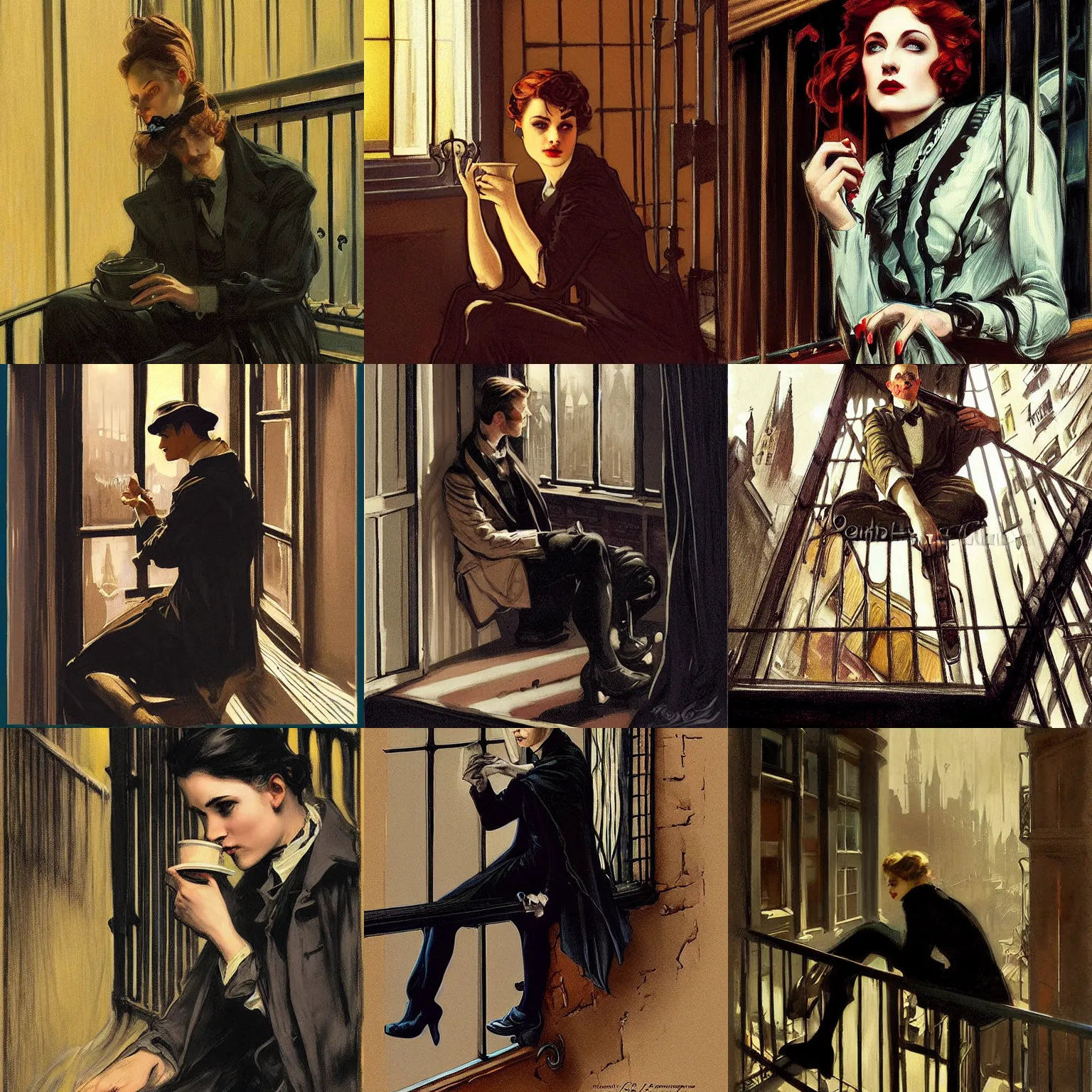 Prompt: character portrait of sasha sitting down on a fire escape drinking coffee in gothic london, gothic, john singer sargent, muted colors, moody colors, illustration, digital illustration, amazing values, art by j. c. leyendecker, joseph christian leyendecker, william - adolphe bouguerea, graphic style, dramatic lighting, gothic lighting