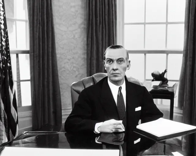 Prompt: a reptilian alien, wearing a suit, in the oval office, 1951, early black and white photo, cdx