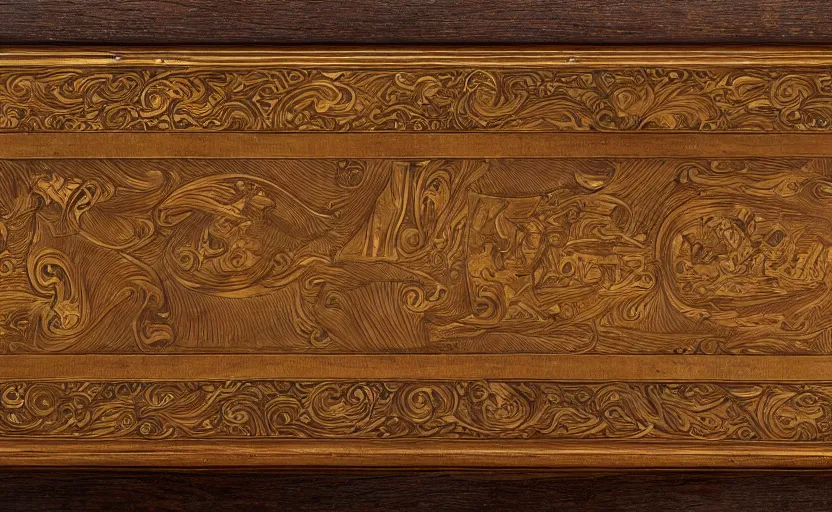 Image similar to golden musket with engravings laying on a wooden table, complex, high detail