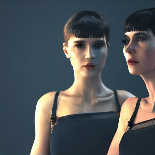 Prompt: a blade runner inspired portrait of 2 women 4k photorealistic, volumetric lighting, hd, high details, dramatic, trending on artstation