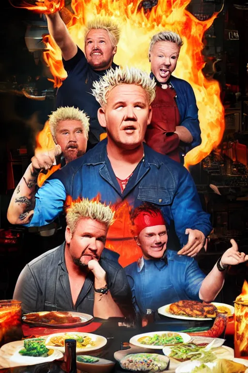 Image similar to guy fieri and gordon ramsay, drew struzan poster, cinematic, rim lighting, glow, haze, volumetric lighting