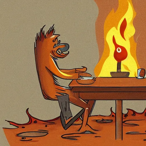 Image similar to an orange humanlike dog in his house, sitting at his table, a coffee on the table, surrounded by flames and fire, smoke above him