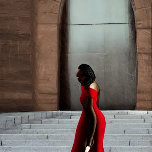 Prompt: Gorgeous black woman wearing red dress, holding an AK-47, photo realistic, detailed face