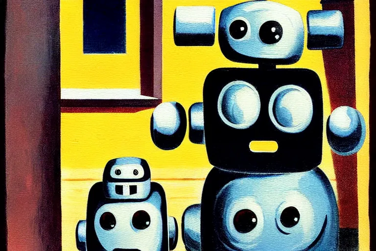 Image similar to a cute little robots painting by charles addams