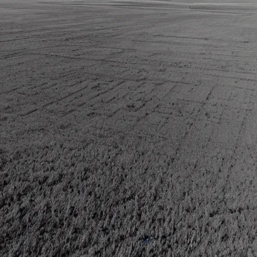 Prompt: drone shot of a grassy plain area with no trees, a creepy / disturbing humanoid creature can be seen in the distance in the plain field, eerie, grainy footage, noon,