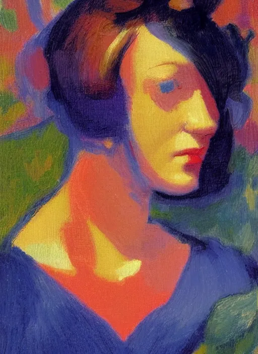 Prompt: an extreme close-up abstract portrait of a lady enshrouded in an impressionist representation of Mother Nature and the meaning of life by Edward Hopper and Igor Scherbakov, abstract colorful lake garden at night, thick visible brush strokes, figure painting by Anthony Cudahy and Rae Klein, vintage postcard illustration, minimalist cover art by Mitchell Hooks