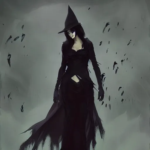 Image similar to female human vampire witch in the style of greg rutkowski, makoto shinkai, trending on artstation, character design, concept art, pretty face, highly detailed, long black hair, portrait, digital art