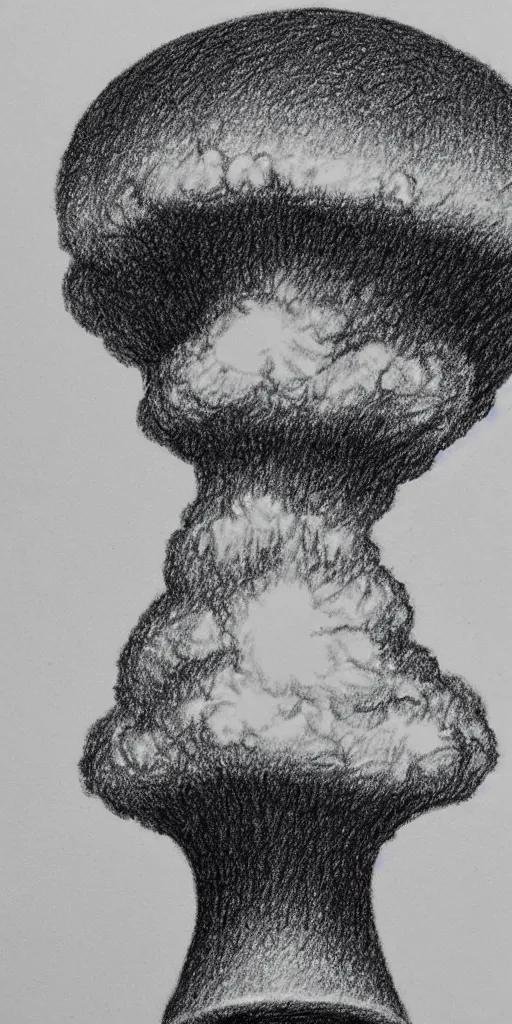 Image similar to vladimir putin wearing a nuclear mushroom cloud blast for a hat, cartoonish, ultra detailed pencil drawing