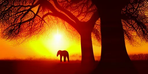 Prompt: african elephant silhouette standing in savannah at sunset sunset golden hour huge red sun in background 300mm, telephoto lens, 4K, digital art