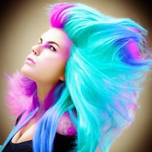 Image similar to a dramatic photo of a beautiful woman with cotton candy hair. with a little bit of cyan and pink