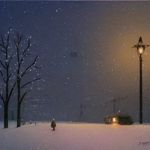 Prompt: painting by Quint Buchholz, atmospheric cozy sovietpunk 8 story tall communal housing in the middle of a severe russian forest at night, sodium lamp illumination, snow falling, night time, night sky, deep night sky, by Quint Buchholz