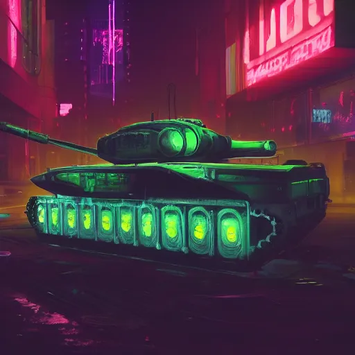 Image similar to high quality photo of a tank in a cyberpunk cyberpunk cyberpunk city, neon lights, realism, 8k, award winning photo, no water