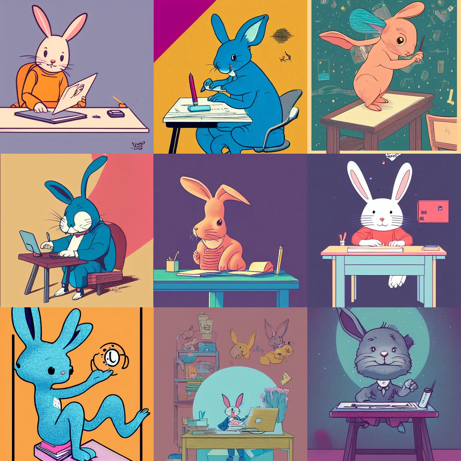 Prompt: a cute happy cartoon rabbit sitting at a desk writing on a paper, llustration, josan gonzales, wlop, james jean, Victo ngai, David Rubín, Hergé, Joost Swarte, Moebius, Laurie Greasley, artgerm, highly detailed, sharp focus, Trending on Artstation, HQ, deviantart