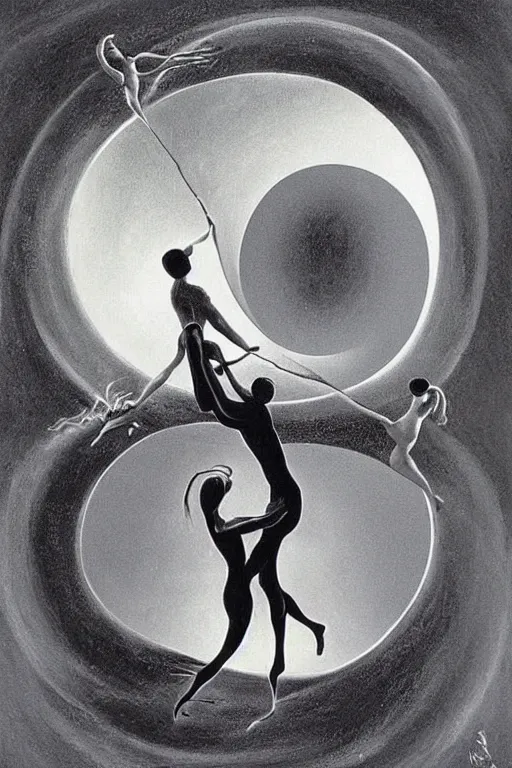 Image similar to optical illusion painting of a couple dancing in a worm hole, illusionism, look twice, mind blow, by damien gilley and salvador dali, detailed