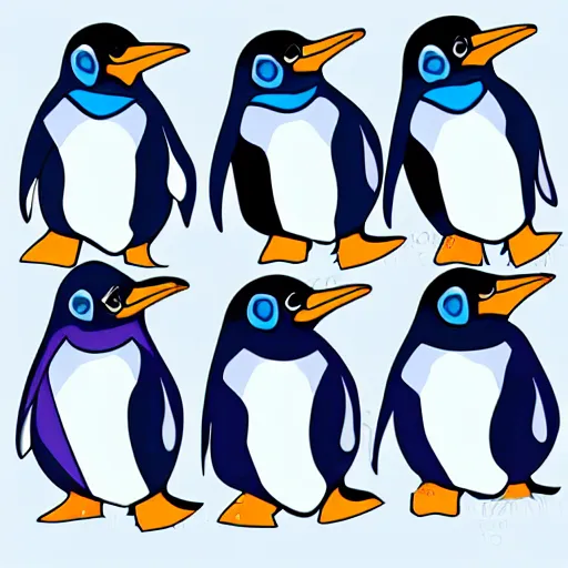 Image similar to A children's cartoon illustration using blues and purples, of a penguin family, a mom penguin, dad penguin, an older sister penguin and a baby brother penguin, highly detailed