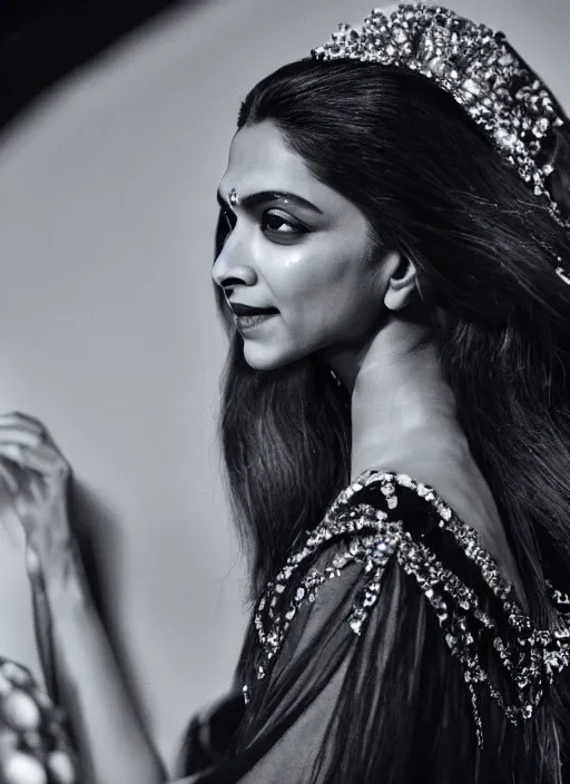 Image similar to A beautiful portrait of Deepika Padukone as a model at Versace fashion show Paris Spring/Summer 2018, highly detailed, in the style of cinematic, fashionweek backstage, makeup by Pat Mcgrath, Shot by Bruce Weber