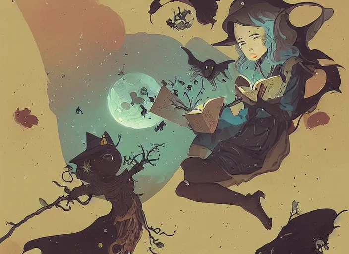 Image similar to highly detailed a little witch opening a book art by ghailan, james gilleard, by joe fenton, by greg rutkowski, by greg tocchini, by kaethe butcher, 4 k resolution, gradient yellow, black, brown and cyan color scheme, grunge aesthetic!!!