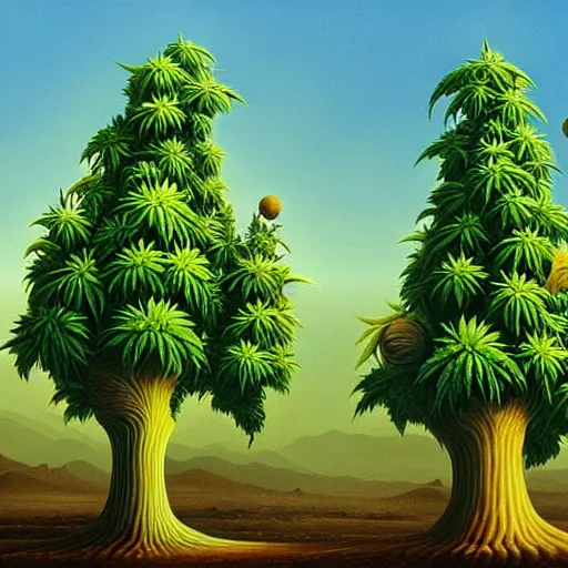 Image similar to surrealistic painting of cannabis trees on alien planet, by vladimir kush