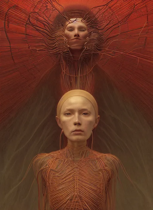 Image similar to Woman masterpiece, red, golden halo behind her head, red wires wrap around, by Edgar Maxence and Ross Tran, Zdzisław Beksiński, and Michael Whelan, distant, gustav dore, H.R. Giger, 8k, octane render