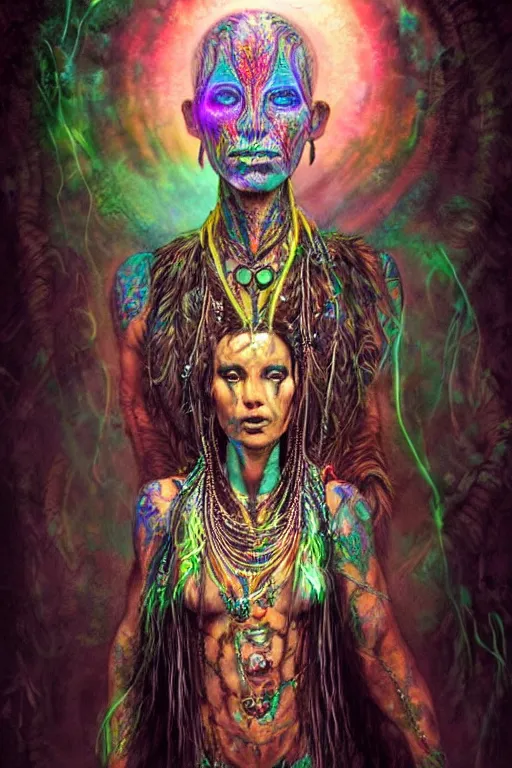 Prompt: full body psychedelic shaman with trinket necklace, epic angle and pose, symmetrical artwork, ayahuasca, translucent, fungus, energy flows of water and fire, highly detailed, epic cinematic concept art, excellent composition, dystopian brutalist atmosphere, dynamic dramatic lighting, aesthetic, very inspirational, arthouse, Greg Rutkowski, Artgerm