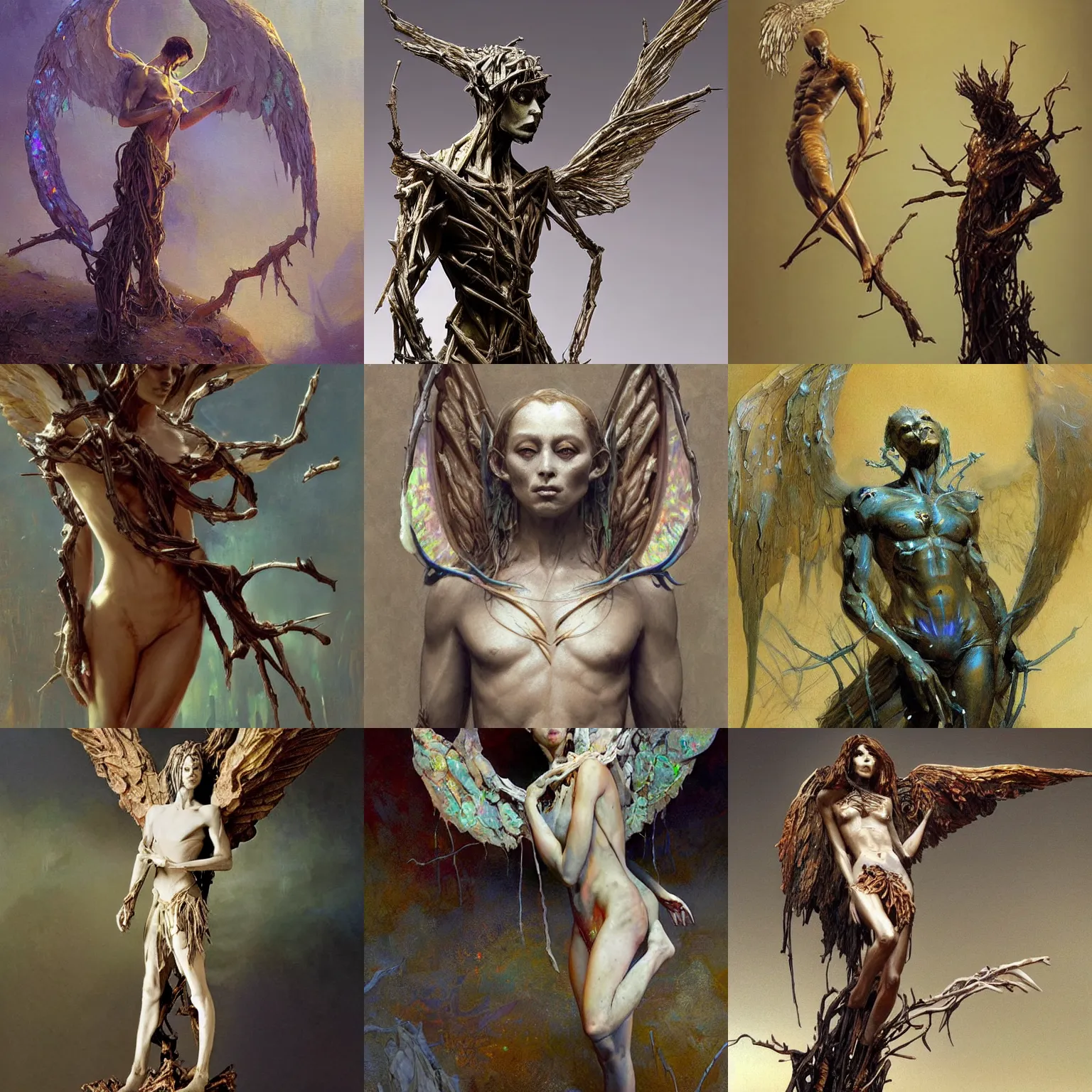 Prompt: hunched over male angel made of twisted twigs, flat face made of opal, opalized wood aesthetic, body of twigs, flat opal face, creepy opal angel, fantasy creature art by craig mullins and gaston bussiere