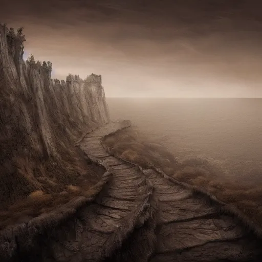 Image similar to a long winding pathway with no terrain on either side, cliffs with no bottom, creepy, gloomy, nightmare, dark rocks, dusty, sepia tones, with a mysterious dark castle at the of the path, digital art, 8 k, concept art, trending on artstation