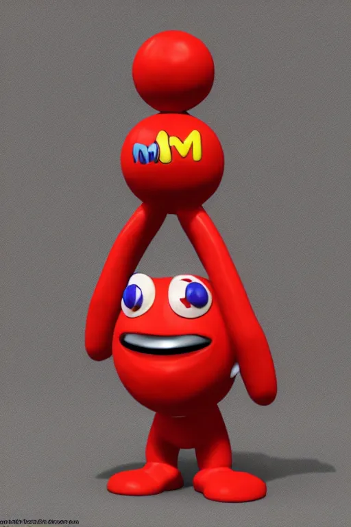 Image similar to red m - character, round red m & m figure, m & m mascot, m & m figure, m & m plush, m & m candy dispenser, unreal engine, studio lighting, figurine, unreal engine, volumetric lighting, artstation, cosplay