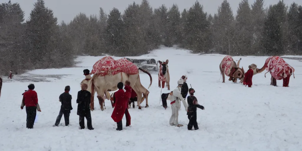 Prompt: a big circus in the snow ground