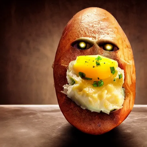 Image similar to loaded baked potato face, villian, cinematic, realistic photo, unsettling