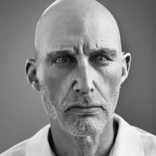 Prompt: tall bald man with blue eyes wrinkles strong jaw high cheekbones mustache small pointy nose no eyebrows large ears