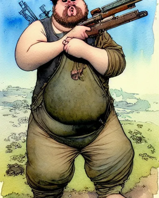 Prompt: a realistic and atmospheric watercolour fantasy character concept art portrait of a fat adorable dirty chibi duck wearing a wife beater and aiming a rifle, by rebecca guay, michael kaluta, charles vess and jean moebius giraud